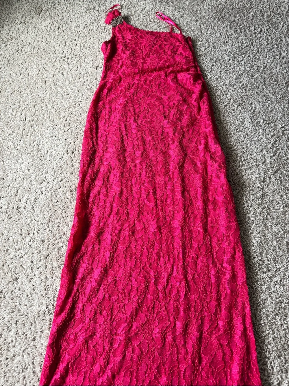 Adrianna Papell Hot Pink One-Shoulder Lace Dress with Jewel Buckle